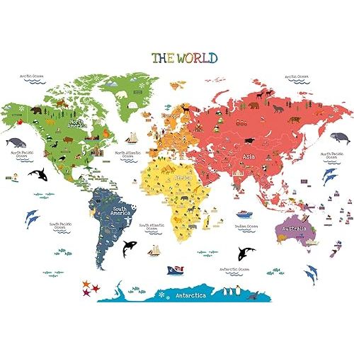 HomeEvolution Kids Educational Removable World Map Peel and Stick Large Wall Decals Stickers for Children Nursery Bedroom Living Room…