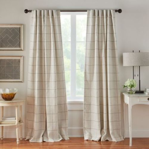 Brighton Windowpane Plaid Lined Room Darkening Single Window Curtain Panel - 52" X 84" - Linen - Elrene Home Fashions