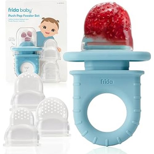 Frida Baby Push Pop Feeder, Baby Fruit Food Feeder to Safely Introduce New Foods, Fresh + Frozen, Silicone, BPA Free, Dishwasher Safe | 3 Count, Blue