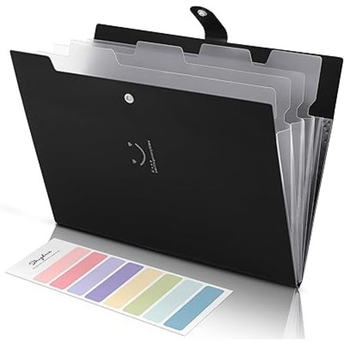 SKYDUE File Folder with 8 Labels, 5 Pockets Accordion Paper Organizer for School and Office,A4 Letter Size,Black