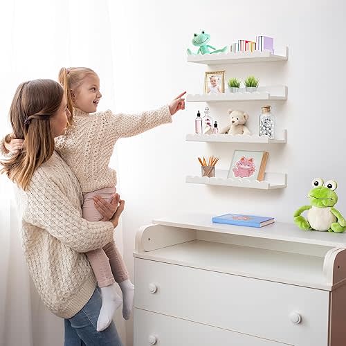 White Scalloped Shelves - Set of 4 Pre-Assembled 24inch White Floating Nursery Book Shelves, Scalloped Book Shelf - Kids Wall Bookshelf, Nursery Decor, Floating Shelves for Wall