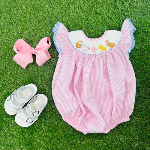 Easter Smocked Bubble Romper in Pink Seersucker- Lamb, Chick, Easter Basket, Bunny, Cross, Heirloom, Sibling Matching Set 606 *B