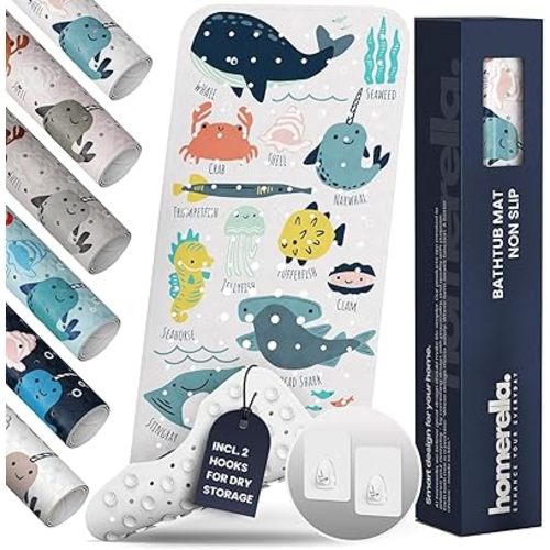 Bath Tub Mat Non Slip Anti Mold for Kids BPA Free INCL Hooks - homerella® Ocean Sea Animals 40x16, Baby Bath Mat Non Slip 200 Suction Cups, Non Toxic Machine Washable Toddler Bath Mat, EU Certified