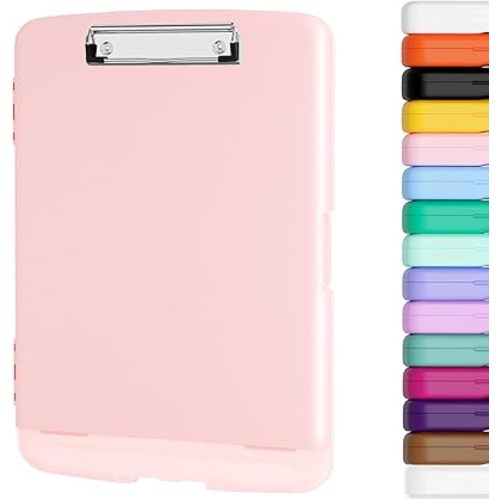 Piasoenc Clipboard with Storage, 8.5 x 11 Organization Box with Pen Holder and A4 Legal Paper Folder, Folio & Side-Opening, Low Profile Clip,for Nurses,Teachers, Size 14 x 9.6 x 1.2 in, Pink
