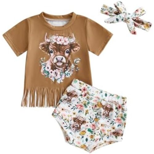 Infant Baby Girl Summer Outfit Letter Short Sleeve T-Shirt Western Boots/Car Shorts Headband 3Pcs Set Cowgirl Outfit