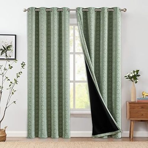 jinchan 95% Blackout Boho Curtains 84 Inches Long for Bedroom White on Sage Green Geometric Printed Grommet Top Room Darkening Thermal Insulated Window Drapes 2 Panels