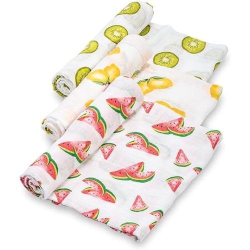 LollyBanks Muslin Swaddle Blanket |Baby Girl Fruit Pattern | Watermelons, Lemons, and Oranges |100% Cotton |New Borns and Infants |Large 47 x 47 inches |Machine Washable