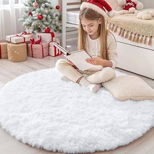 OLANLY White Round Rugs for Bedroom - Machine Washable, 4x4 Feet Circle Area Rugs for Living Room, Soft and Fluffy Shaggy Carpet for Teen Girls and Boys, Dorms, Nursery Rooms, Home Decor Aesthetic