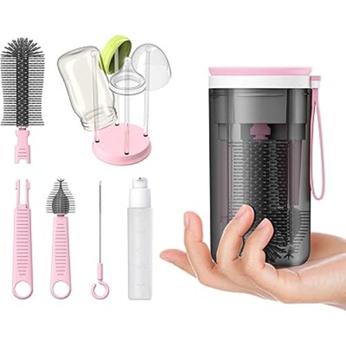 Travel Bottle Brush with Portable Bottle Drying Rack, Travel Essentials for Baby, Pink