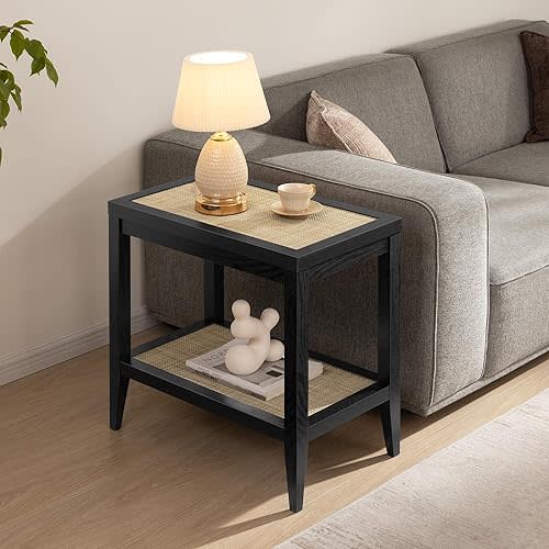SICOTAS Rattan Nightstand Bedside Table - Farmhouse Boho Narrow Accent End Table with 2 Open Rattan Shelves for Bedroom, Living Room, Small Spaces - Black Oak