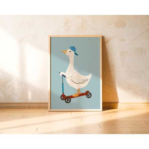Goose on Scooter Wall Art Duck Illustration Nursery Poster Animal Print for Baby Boy Room Playroom Decor Kids Bedroom Artwork Cute Bird
