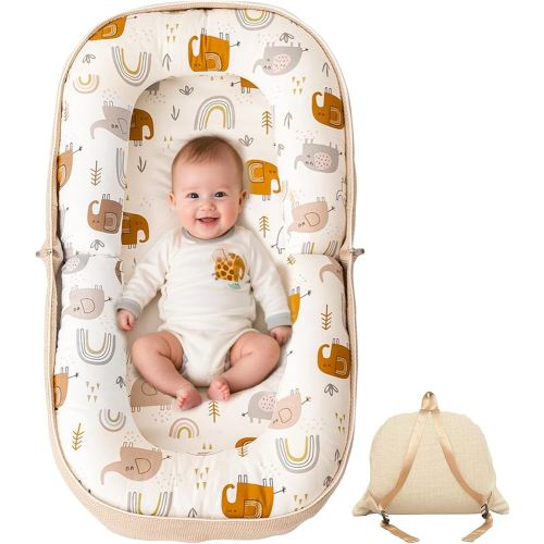 Baby Lounger, Foldable Infant Nest Pillow with Soft Memory Foam Mat, Cover with Adorable Pattern, Converts to Backpack for Easy Travel, 0-12 Months, White