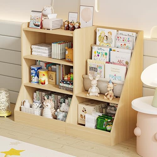 39" Large Wooden Kids Bookshelf and Toy Storage Organizer, Baby Bookcase with Sling Book Rack, Children Toddler Wooden Book Shelf for Kids Rooms, Playroom, Classroom, Nursery (Burlywood)