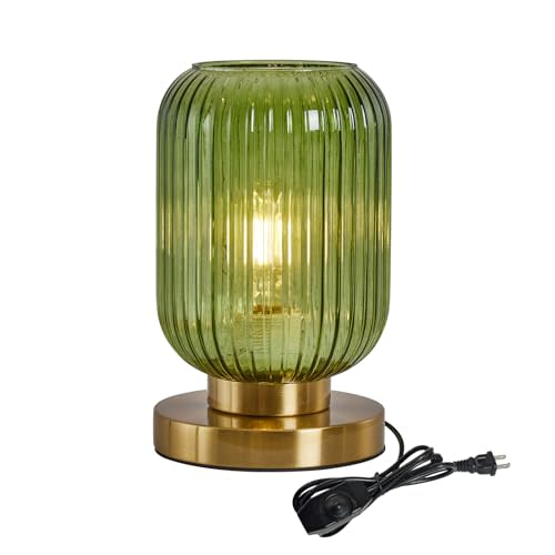 Glass Table Lamps Mid Century Modern Globe, Dimmable Green Table Lamp for Nightstand, Small Gold Table Lamp, Green Pumpkin Design Ribbed Glass Vintage Bedside Lamp for Bedroom Living Room Office