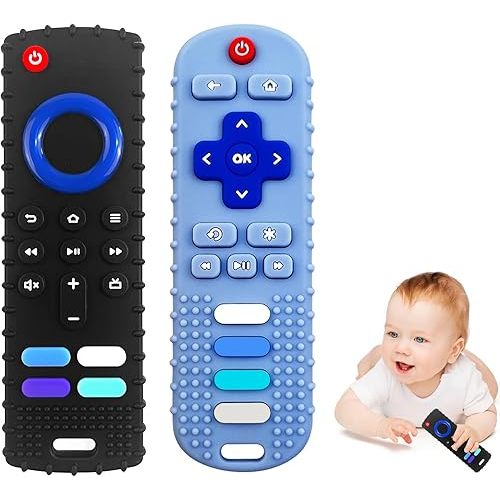 2-Pack Silicone Baby Teething Toys, TV Remote Teethers for 6-12-18 Months Infant, Fire Stick Remote Control Shape Baby Silicone Teethers, Chew Toys for Boys and Girls (New-F Black+R Blue)