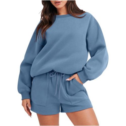 Sweatsuits 2 Piece Womens Sets Long Sleeve Loose Crewneck Sweatshirt Top and Elastic Waist Shorts Jogger Outfits (Medium, Blue)