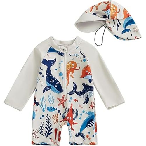 Lucikamy Toddler Baby Boy Girls One Piece Swimsuit Long Sleeve Zipper Bathing Suit with Hat Infant Rash Guard Swimwear