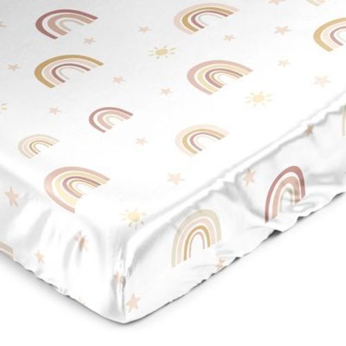 Sweet Jojo Designs Girl Satin Fitted Crib Sheet Boho Rainbow Blush Pink Yellow Gold Mauve Taupe Beige