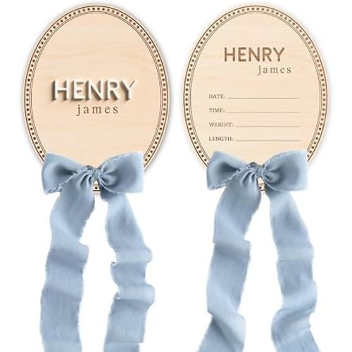 Personalized Wooden Baby Announcement Sign with Chiffon Bow - Custom Birth Stats Name Plate for Newborn Hospital Photo Prop - Nursery Wall Decor & Keepsake - 5, 6, 8, 10 Inch (07 - oval name)