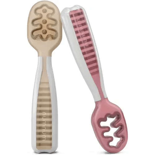 NumNum Baby Spoons Set, Baby Essentials Pre-Spoon GOOtensils for 6+ Months, First Stage Self-Feeding Spoons for Baby Led Weaning (BLW), Silicone Toddler Utensils, BPA-Free, 2 Pack Beige/Mauve