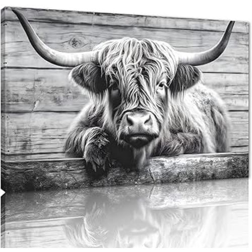 Highland Cow Wall Art Vintage Black and White Pasture Hairy Cow Pictures Wall Decor Contemporary Animals Cow Decor Paintings Home Office Decoration Artwork Framed Ready to Hang - 24"Hx36"W
