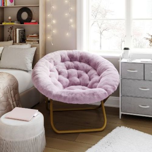 Emma And Oliver Oversize Folding Saucer Chair With Cozy Faux Fur Cushion And Metal Frame For Dorms, Bedrooms, Apartments And More