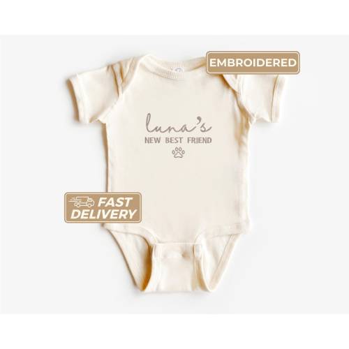 New Best Friend Baby Bodysuit, Protected by Dog Bodysuit, Custom Embroidered Baby Announcement Bodysuit, Baby Shower Coming Soon Outfit