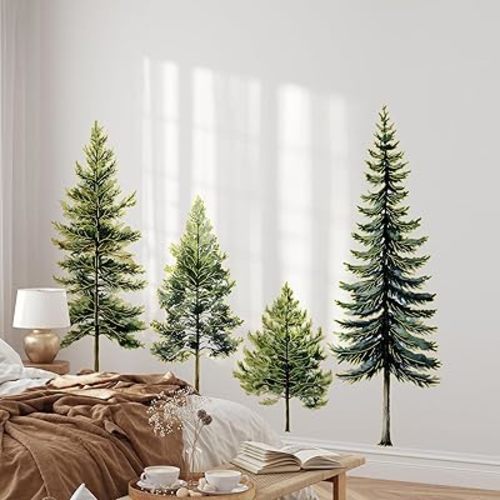 Pine Tree Wall Art - Pine Tree Wall Decal, Wall Stickers Peel and Stick Gold Stamping Walls Murals Decor for Living Room Bedroom Classroom Nursery (Green, 11.8 * 23.6inch)