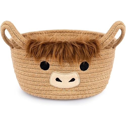 Highland Cute Cow Basket for Nursery, Small Shower Gift Basket, Round Woven Rope Cotton Storage, Baby Blanket 0rganizer with Ears Handles, Blanket Towel Decor Storage Bins, 10.7"D x 4.4"H in