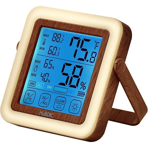 HuBDIC HubiBaby Digital Hygrometer Indoor Thermometer Humidity Meter Room Thermometer, Humidity Monitor for Home, Bedroom, Baby Room, Office, Greenhouse, Cellar, Portable Nightlight (Dark Wood)