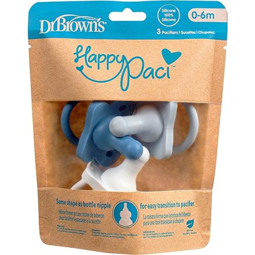 Dr. Brown's HappyPaci 100% Silicone Baby Pacifier, Contoured One-Piece Design, Cool Gray, Green, Ecru, 0-6m, BPA-Free, 3 Pack
