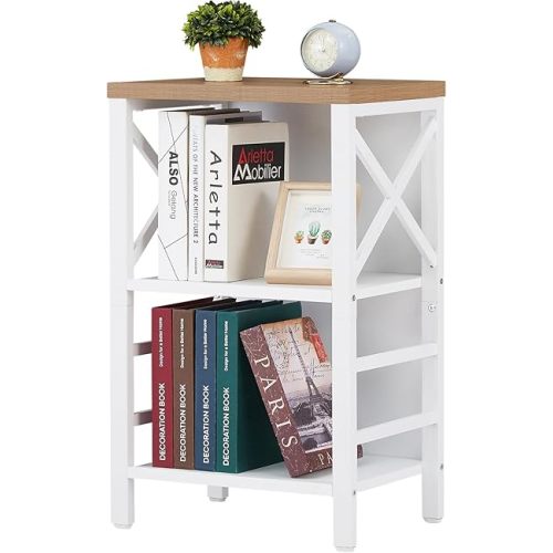 Small Bookcase,3 Tier Industrial Bookshelf with Metal Frame and Backboard,Low White Book Shelf,Book case for Small Spaces,Living Room,Bedroom and Home Office