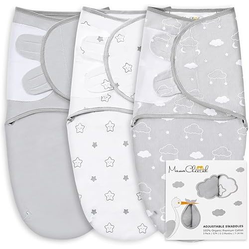 Baby Swaddle Blanket, Swaddle Wrap for Newborn and Infant, Adjustable Swaddle Set for Baby Boy and Girl, 3 Pack Soft Organic Cotton, Large (3-6 Months), Grey and White