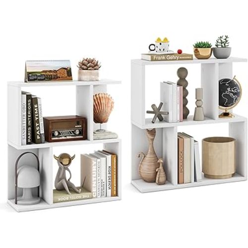 Giantex 3-Tier S-Shaped Bookshelves Set of 2, Modern Geometric Bookcase, Freestanding Display Shelf for Small Space, Versatile Side Table, Wooden Storage Organizer for Home Office, Living Room, White