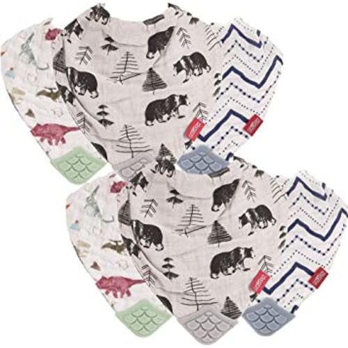 Reversible 100% Natural Cotton Muslin 6 Piece Teething Bib, Green/Grey/Blue