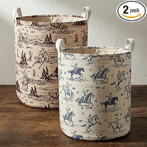 2Pcs Western Cowboy Cute Kids Laundry Basket Baby Nursery Hamper Western Room Decor Foldable Oxford Cloth Funny Tote Clothes Storage Bucket Organizer For Bedroom Teen Girls Boy (Cowboy)