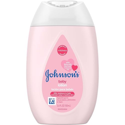 Johnson's Moisturizing Mild Pink Baby Lotion with Coconut Oil for Delicate Baby Skin, Dye-Free, Hypoallergenic & Dermatologist-Tested, Baby Skin Care, 3.4 fl. oz