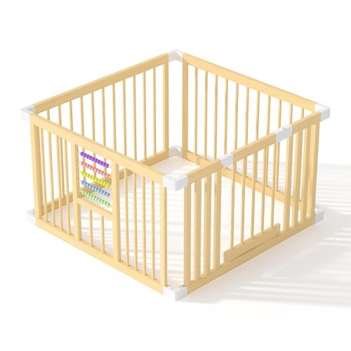 Baby Playpen with Gate, Wooden Playpen for Babies and Toddlers, Baby Play Yard with Colorful Acrylic Beads, Baby Fence Play Area with Suction Cups, Small Baby Play Pen(43 * 43 * 24Inch)