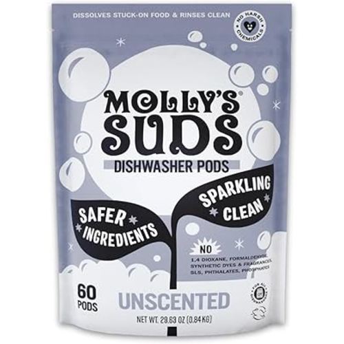 Molly's Suds Dishwasher Pods | Clean Dishwasher Detergent, Cuts Grease & Rinses Clean (Residue-Free) for Sparkling Dishes | 60 Auto-Release Tabs (Unscented)