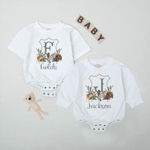 Personalized Hunting Duck Deer Baby Romper, Custom Name Turkey Baby Boy Bodysuit, Outdoor Infant Clothes, Rustic Baby Shower Gift