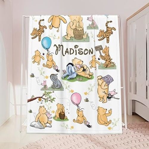 Personalized Pooh Bear Blanket, Custom Baby Throw with Name, Pooh Bear and Friends, Soft and Warm Throw Birthday Gift for Kids, Baby Shower Crib Blanket Nursery Theme Gift Boys and Girls 4