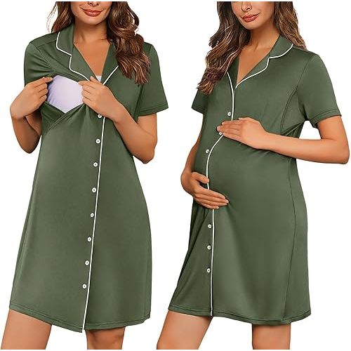 Ekouaer Button Down Nursing Nightgown V Neck Breastfeeding Dress Short Sleeve Classic Maternity Pajamas