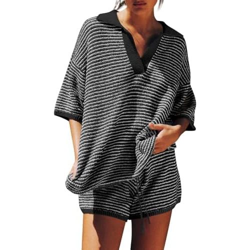 Tankaneo Womens Sweater Set 2 Piece Outfits Oversized 3/4 Sleeve V Neck Knit Tops High Waisted Shorts Lounge Sets