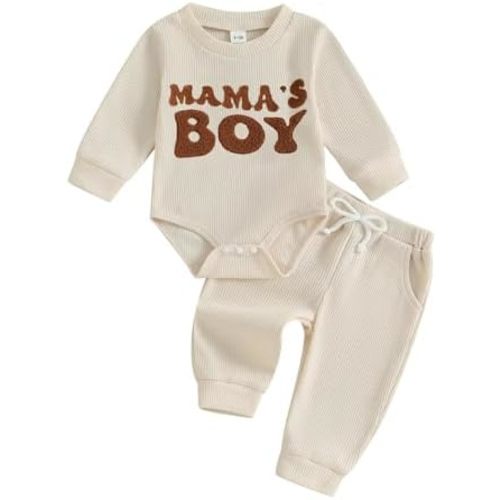 Newborn Baby Boy Clothes Mamas Boy Letters Embroidered Waffle Baby Sweatshirt Romper + Pants Sets Fall Winter Outfits