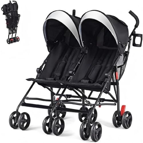 HONEY JOY Double Umbrella Stroller, Side by Side Lightweight Baby Stroller w/ 5-Point Safety Harness, Adjustable Canopy & Storage Bag, Travel-Friendly Fold, Compact Twin Stroller for Infant (Black)