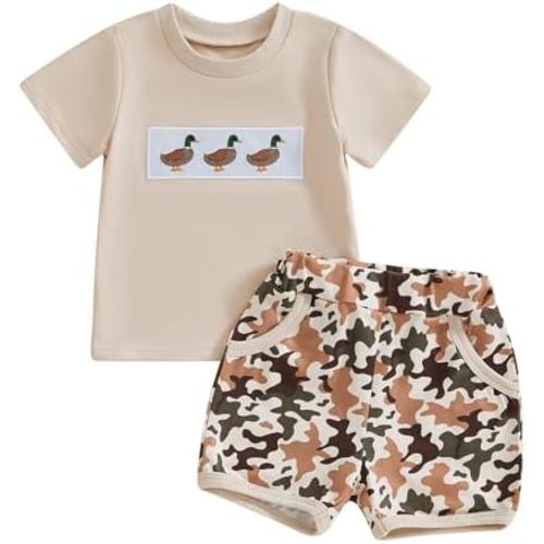 Toddler Baby Boy Hunting Outfit Mallard Duck Deer Short Sleeve T-Shirt Top Shorts Set 2Pcs Summer Clothes
