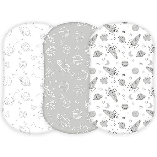 TansyPanda Bassinet Sheets for Halo Bassinest Swivel, Flex, Glide, Premiere and Luxe Series Sleeper, Pack of 3, 33 X 17 Inch, Ultra Soft and Snug Fit, Unisex Boys Girls, Gray White (Space Rockets)