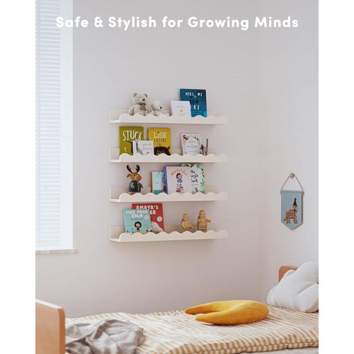 Kids' Bookshelf Set of 4 - White Floating Nursery Book Shelves, Picture Ledge Shelf for Wall Decor and Storage - Perfect for Books, Toys, Photo Frames, and Nursery Décor