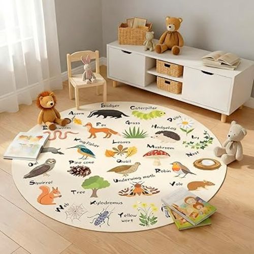 Capoda Alphabet Round Rug for Playroom Learning Alphabet Mat Woodland Animal Carpet Education Crawling Rug for Nursery Toddler Kids Bedroom Reading Corner Decor Supplies, 40 Inch