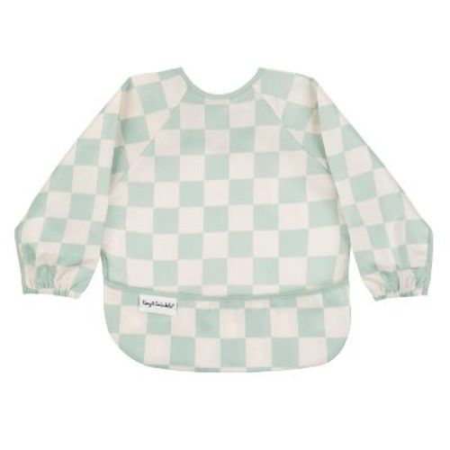 Tiny Twinkle Mess-Proof/Waterproof Long-Sleeve Baby Bib, Machine Washable Smock for Eating (Checkers Sage, Small 6-24 Months)